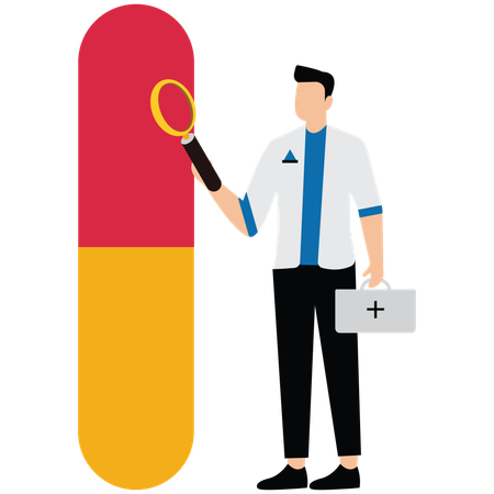 Male doctor holding Magnifying Glass while doing medicine research  Illustration