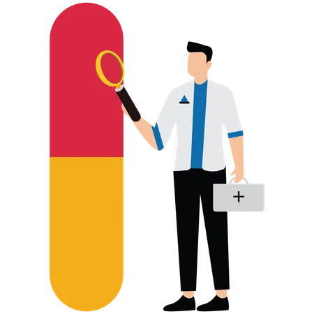 Male doctor holding Magnifying Glass while doing medicine research  Illustration