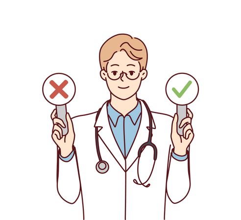 Male doctor holding right or wrong board  Illustration