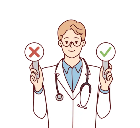 Male doctor holding right or wrong board  Illustration