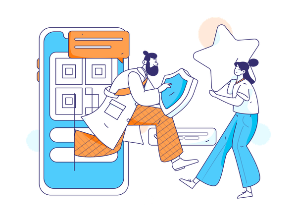 Male doctor holding shield while come out form mobile  Illustration