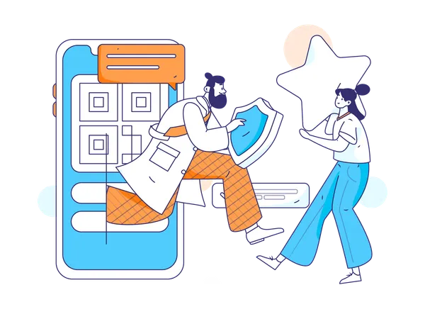 Male doctor holding shield while come out form mobile  イラスト