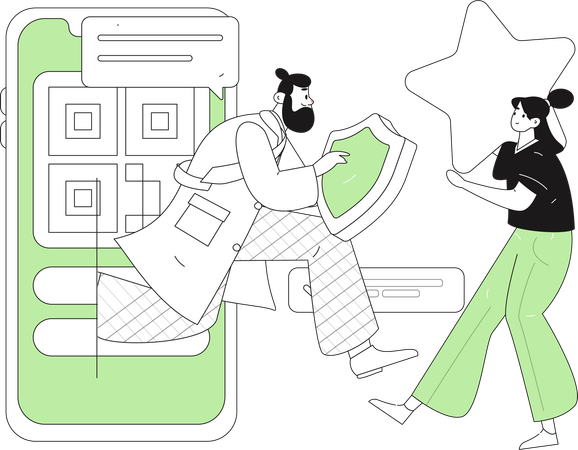 Male doctor holding shield while come out form mobile  Illustration