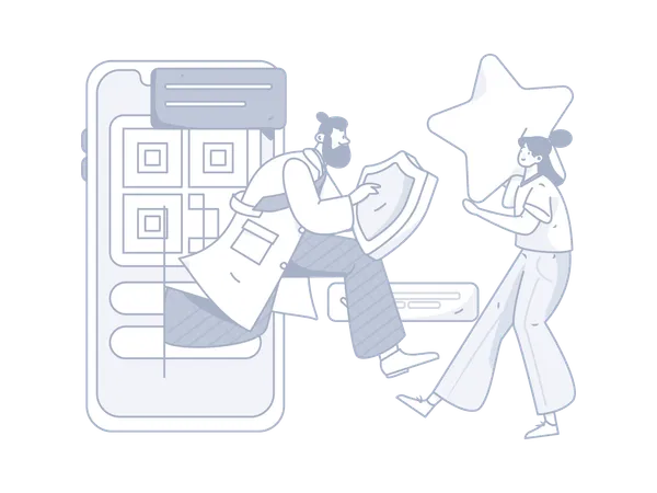 Male doctor holding shield while come out form mobile  Illustration