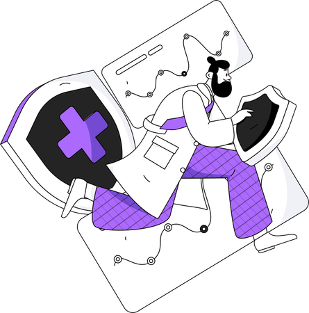 Male doctor holding shield while doing medical analysis  Illustration