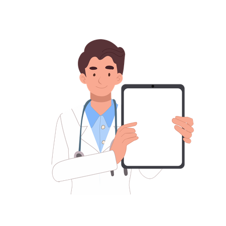 Male doctor holding tablet displaying medical results for health diagnostics and consultation  Illustration