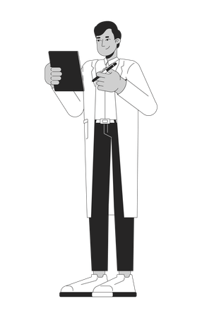 Male doctor in white coat holding clipboard and pen  Illustration