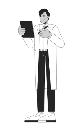 Male doctor in white coat holding clipboard and pen  Illustration