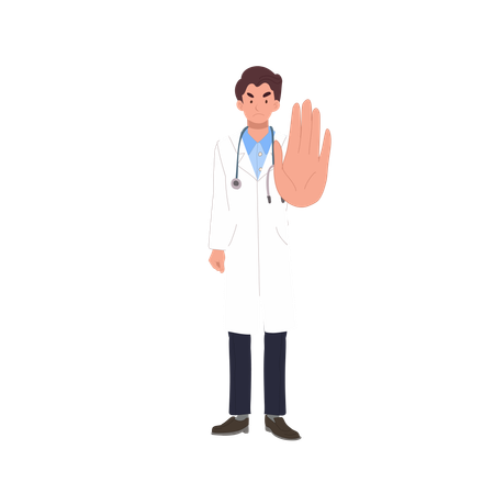 白衣を着た男性医師が手で一時停止の標識を作る医療  イラスト