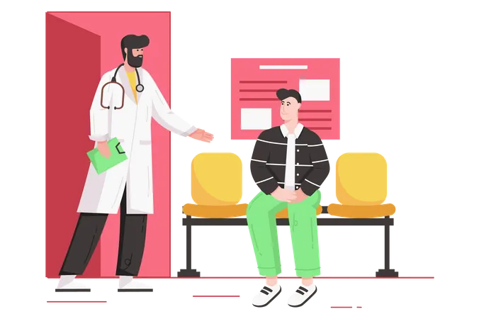 Medical Clinic And Healthcare Service Modern Flat Concept Male Doctor Invites Patient To Enter Office For Examination And Consultation Vector Illustration With People Scene For Web Banner Design Illustration