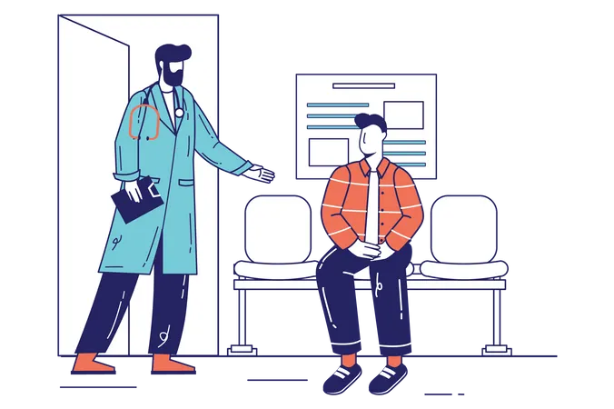 Male doctor invites patient to enter office for examination and consultation  Illustration