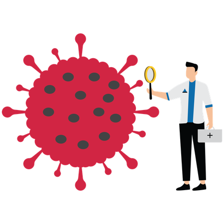 Male doctor Magnifying lens with viruses  Illustration