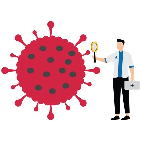 Male doctor Magnifying lens with viruses  Illustration