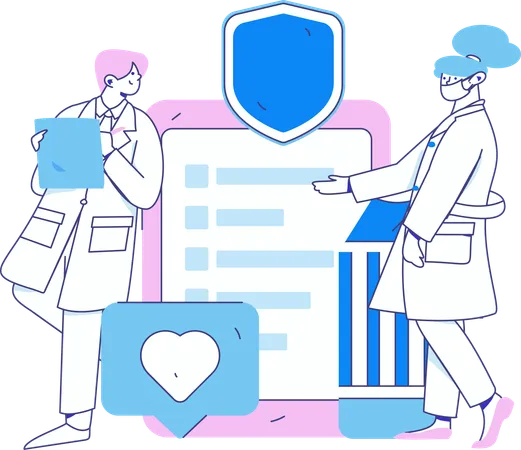 Male doctor making health report while woman showing medical insurance  Illustration