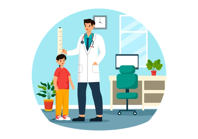 Male doctor measuring height of little boy  イラスト
