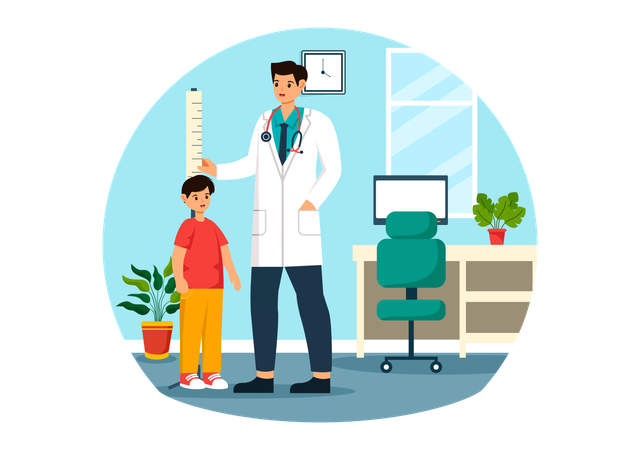 Male doctor measuring height of little boy  Illustration