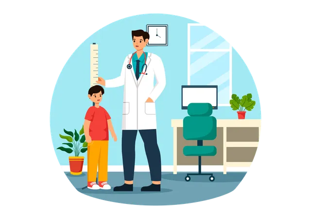 Male doctor measuring height of little boy  Illustration