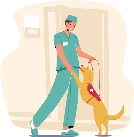 Male Doctor Playfully Engages With Guide Dog Illustration