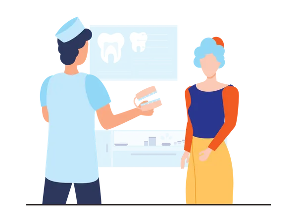 Male doctor provide dental mold to female patient  Illustration