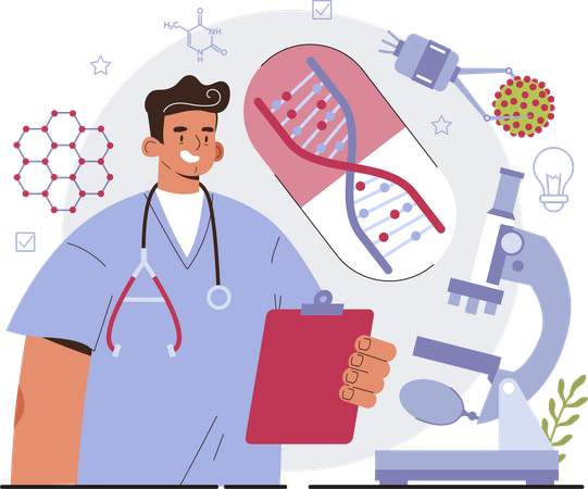 Male doctor research on dna  Illustration