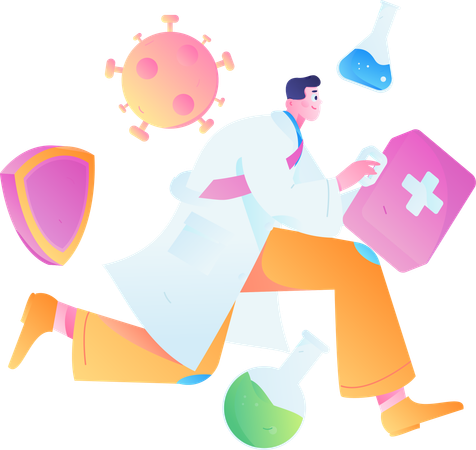 Male doctor running with first aid kit for corona emergency duty  Illustration
