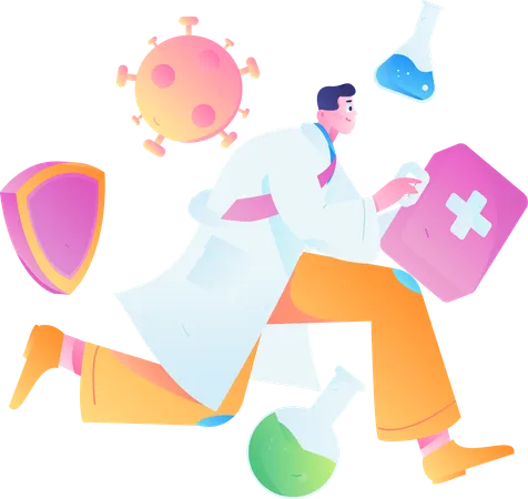 Male doctor running with first aid kit for corona emergency duty  Illustration