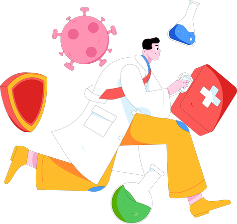 Male doctor running with first aid kit for corona emergency duty  Illustration