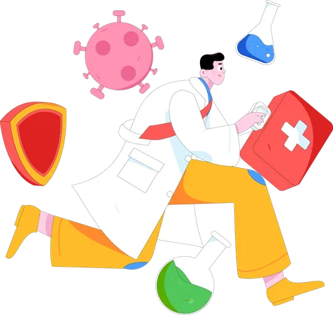 Male doctor running with first aid kit for corona emergency duty  Illustration