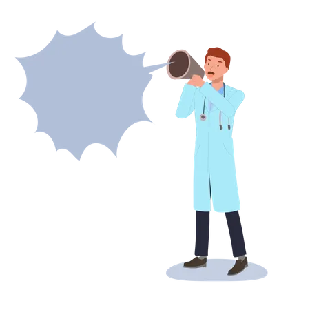 Male Doctor Shouting Into A Megaphone Loudspeaker Flat Vector Cartoon Character Illustration Illustration