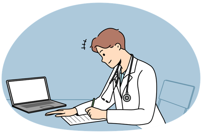 Male doctor sitting at desk in hospital work on laptop write prescription to patient  Illustration