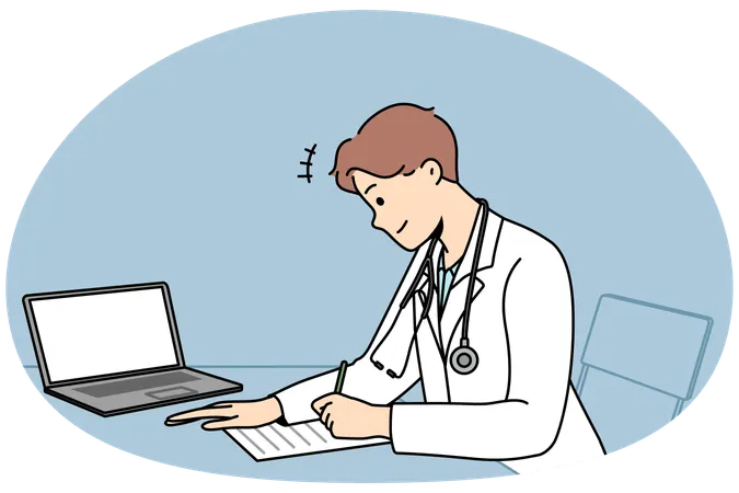 Male doctor sitting at desk in hospital work on laptop write prescription to patient  Illustration