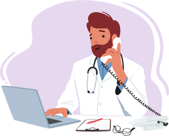 Male doctor sitting at desk with laptop  Illustration