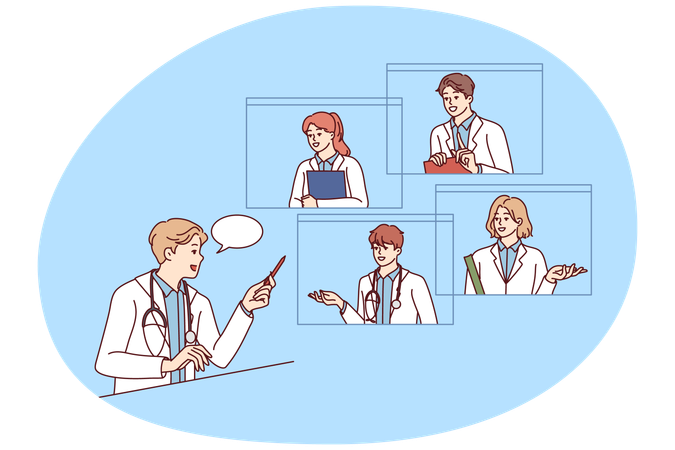 Male doctor talk on webcam with colleagues  Illustration