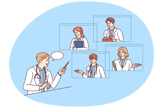 Male doctor talk on webcam with colleagues  Illustration