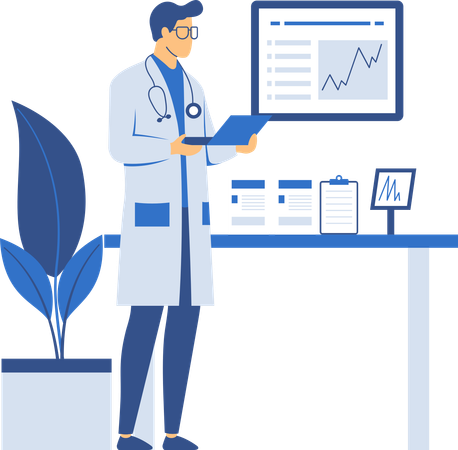 Male Doctor watching medical report on laptop  Illustration