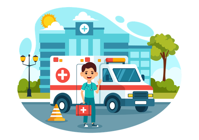 Male doctor waving hand with ambulance  Illustration