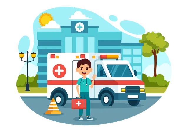 Male doctor waving hand with ambulance  イラスト