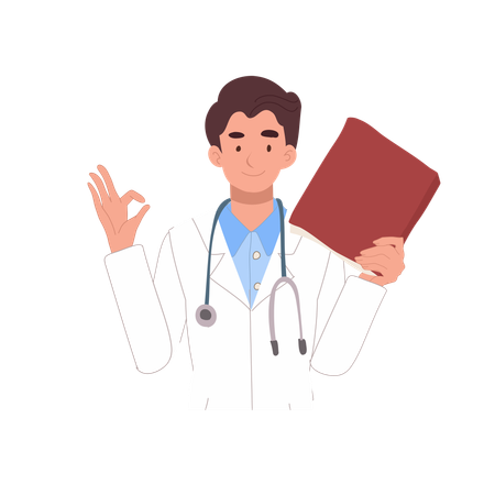 Male Doctor with Book and OK Gesture  Illustration