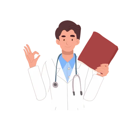 Male Doctor with Book and OK Gesture  Illustration