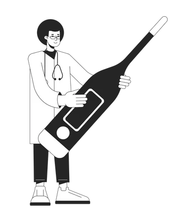 Physician With Digital Thermometer For Fever Bw Concept Vector Spot Illustration Doctor 2 D Flat Line Monochromatic Cartoon Character For Web UI Design Editable Hero Image For Landing Mobile Header Illustration