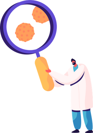 Male Doctor with Magnifying Glass Looking on Hepatitis Cells Illustration