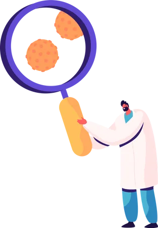 Male Doctor with Magnifying Glass Looking on Hepatitis Cells  イラスト