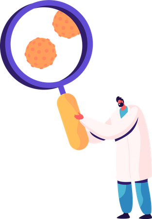 Male Doctor with Magnifying Glass Looking on Hepatitis Cells  Illustration