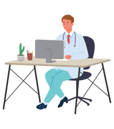 Male Doctor working on computer  Illustration