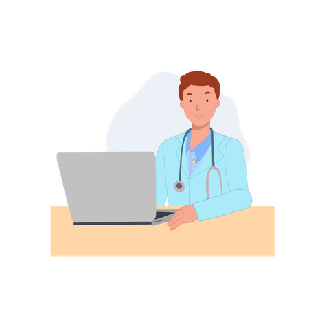 Male doctor working on laptop Illustration