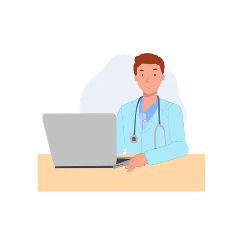 Male Doctor Is Working In A Room With Laptop Flat Vector Cartoon Character Illustration Illustration