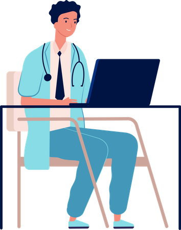 Male doctor working on laptop  Illustration