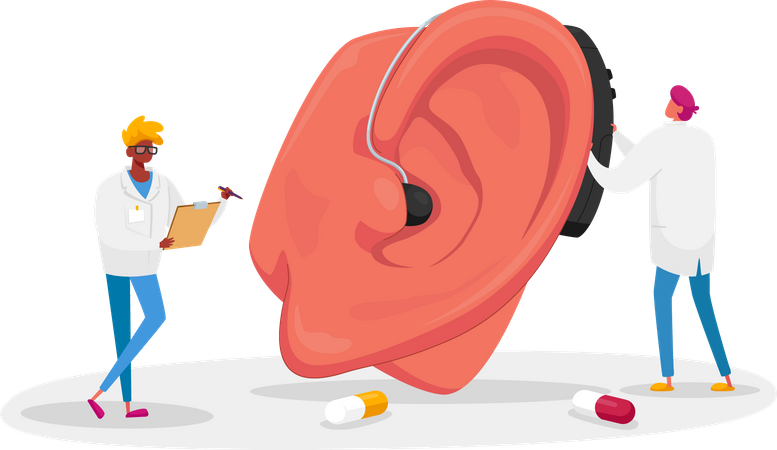 Male Doctors Fitting Deaf Aid on Huge Patient Ear  Illustration