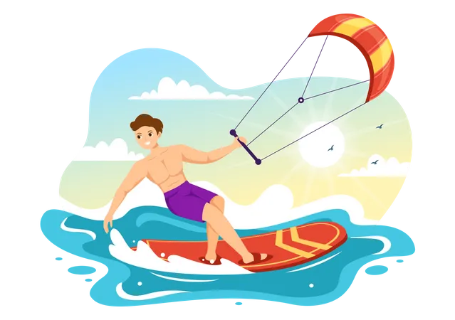 Kitesurfing Illustration With Kite Surfer Standing On Kiteboard In The Summer Sea In Extreme Water Sports Flat Cartoon Hand Drawn Template Illustration