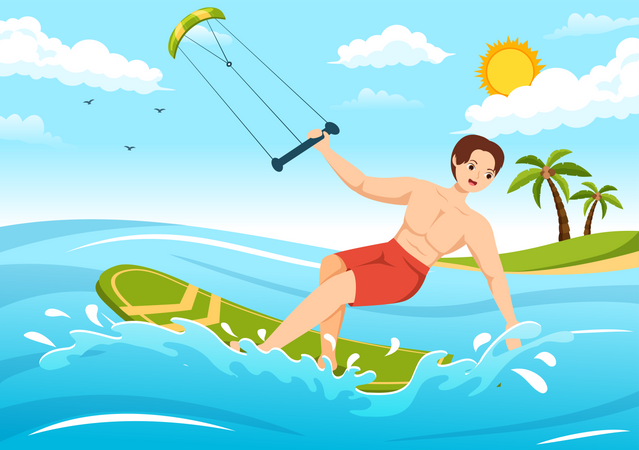 Male doing kitesurfing in sea  Illustration